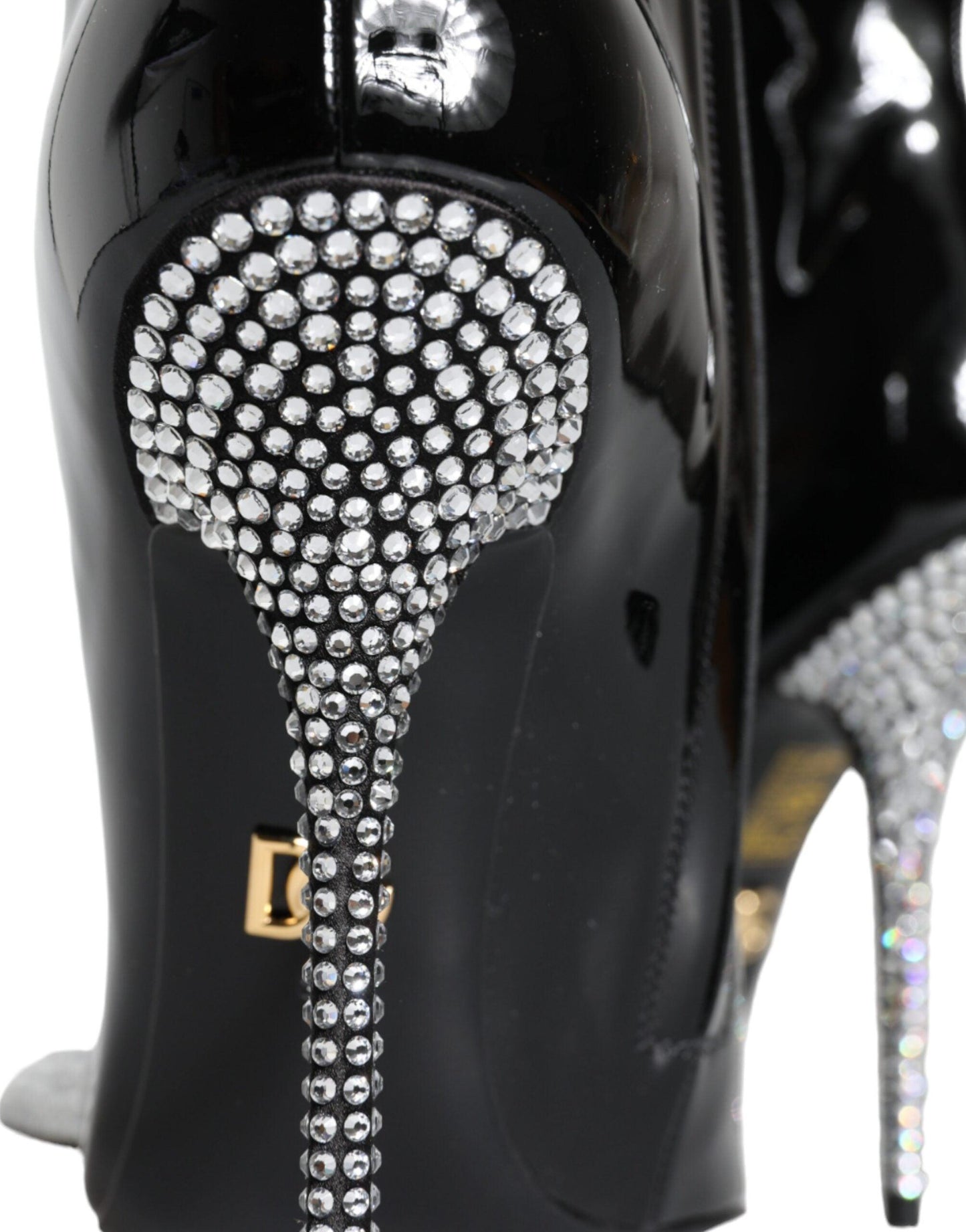 Dolce & Gabbana Black Patent Leather Crystal Heel Boots Shoes - Arichezz.store