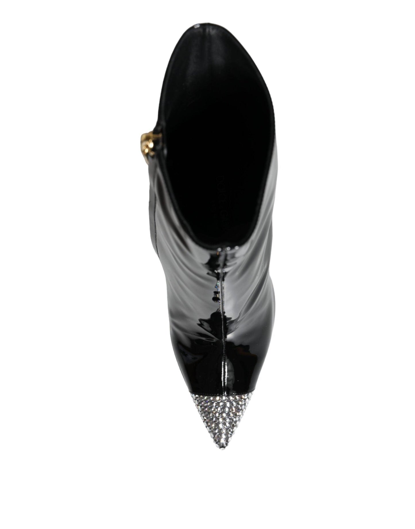 Dolce & Gabbana Black Patent Leather Crystal Heel Boots Shoes - Arichezz.store