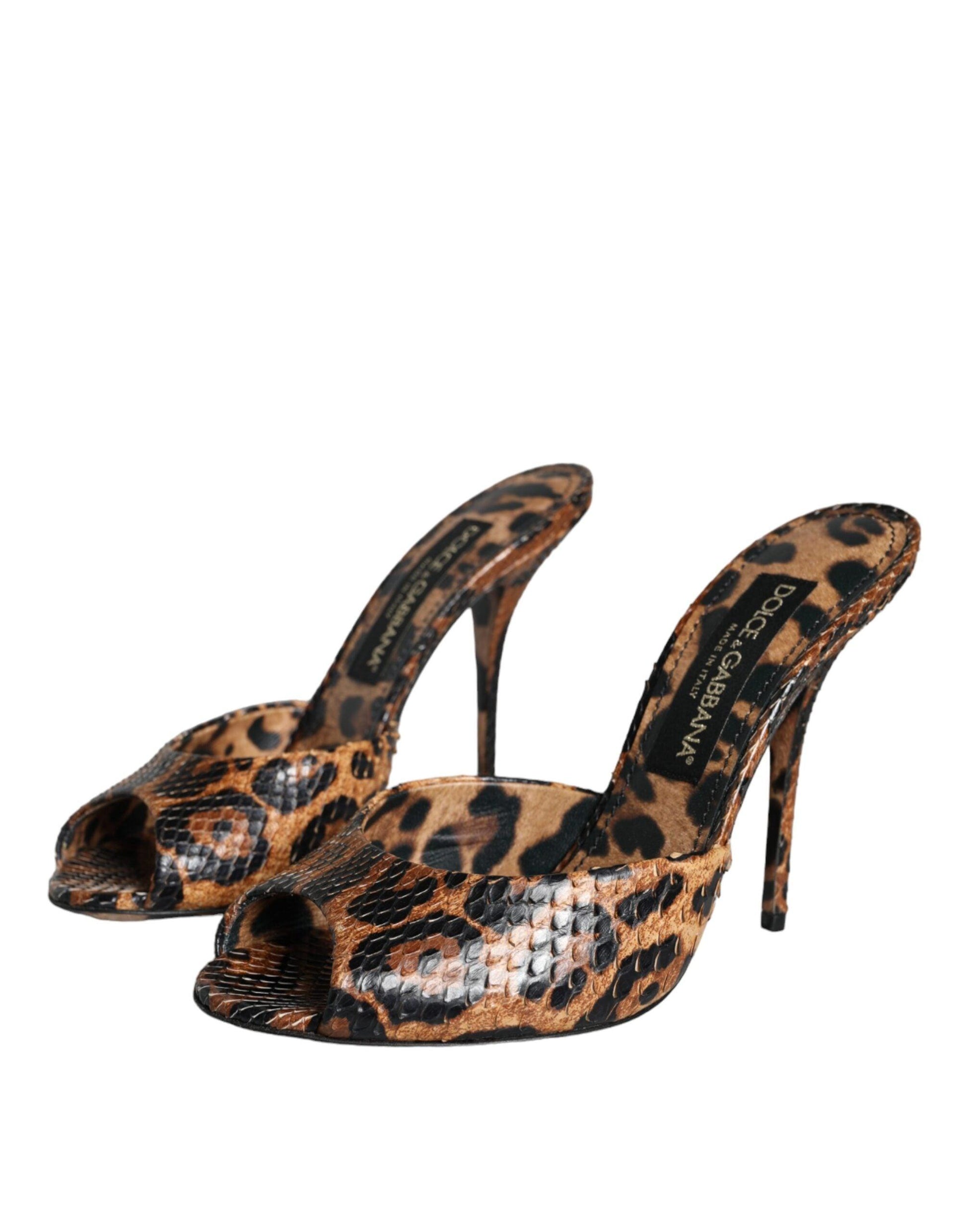 Dolce & Gabbana Brown Leopard Leather Slides Heels Sandals Shoes - Arichezz.store