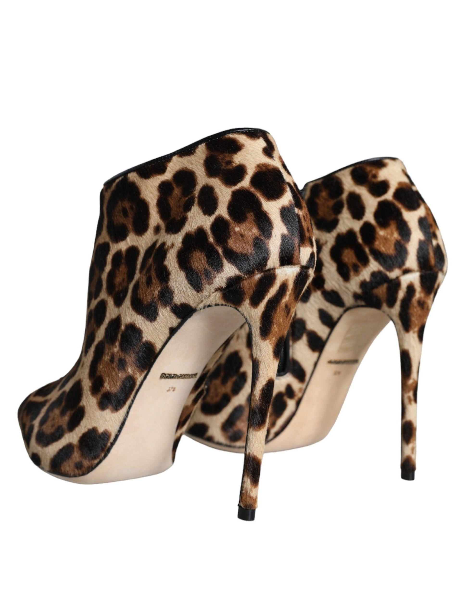 Dolce & Gabbana Brown Leopard Calf Fur Heels Ankle Boots Shoes - Arichezz.store