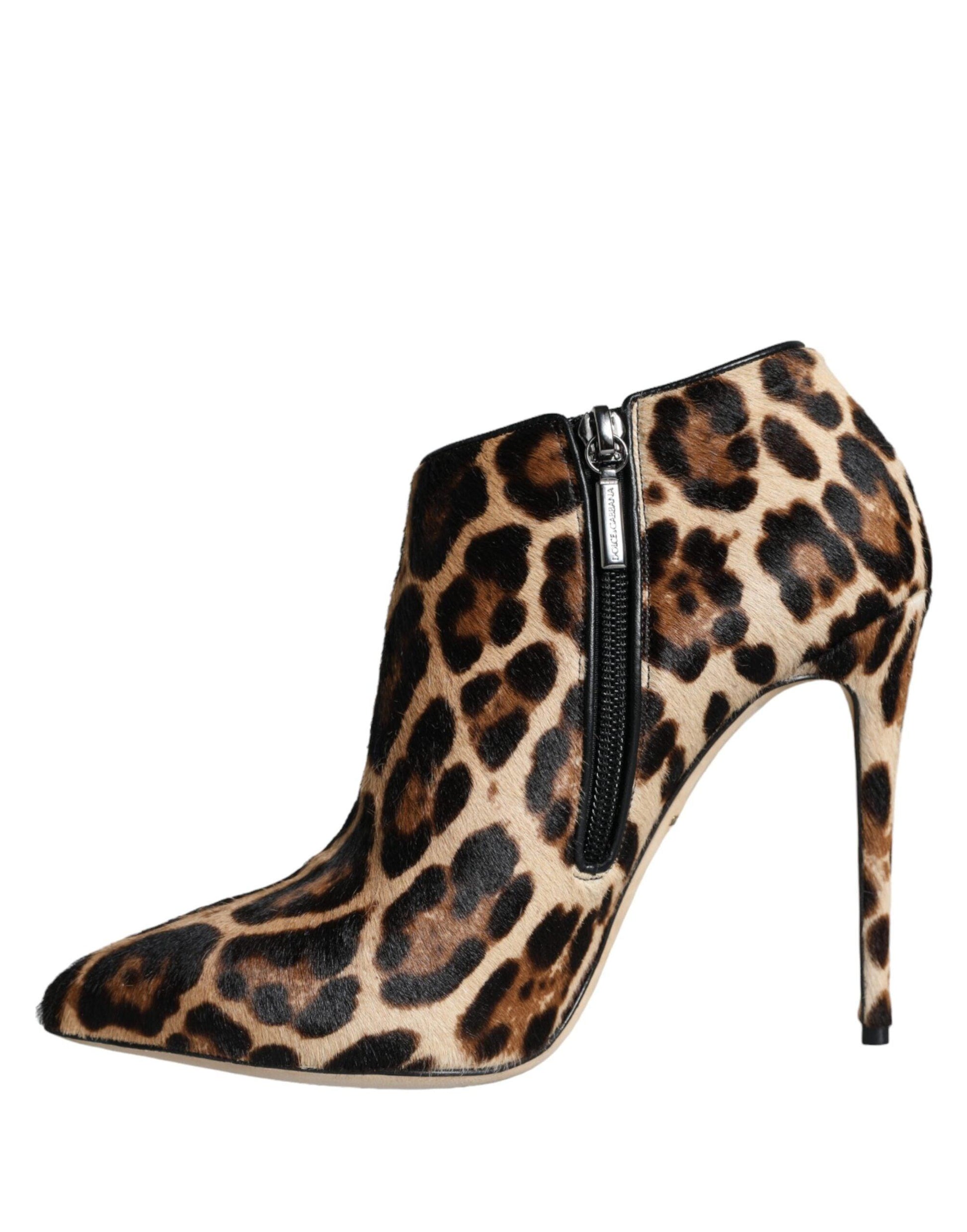 Dolce & Gabbana Brown Leopard Calf Fur Heels Ankle Boots Shoes - Arichezz.store