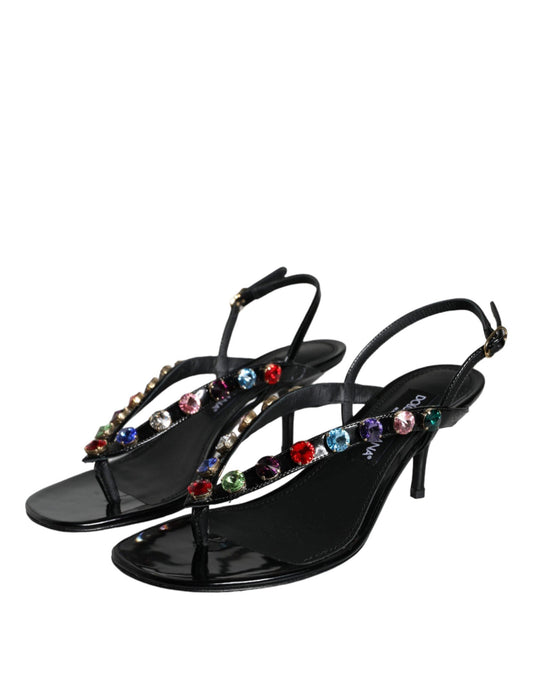 Dolce & Gabbana Black Leather Crystal Slingback Sandals Shoes - Arichezz.store