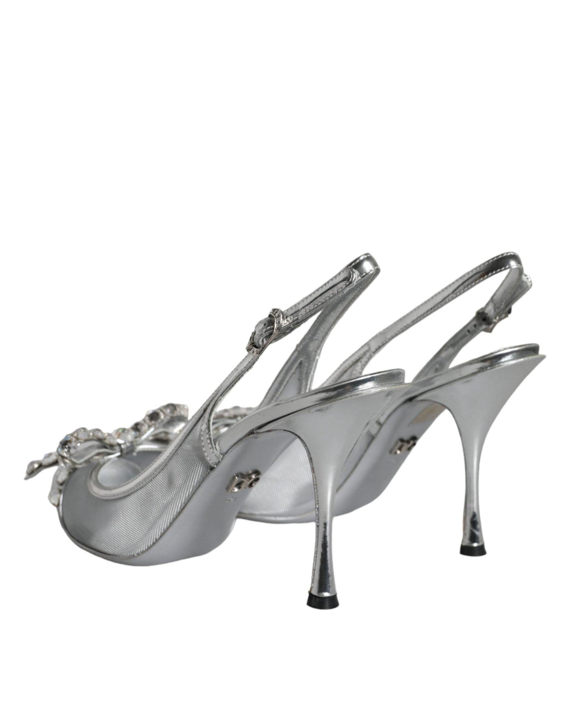 Dolce & Gabbana Silver Mesh Crystal Embellished Slingback Shoes - Arichezz.store