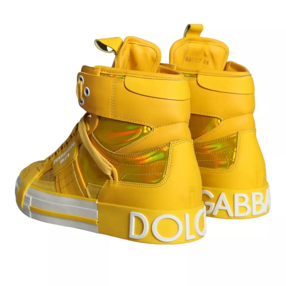 Dolce & Gabbana Yellow White Leather High Top Sneakers Shoes - Arichezz.store