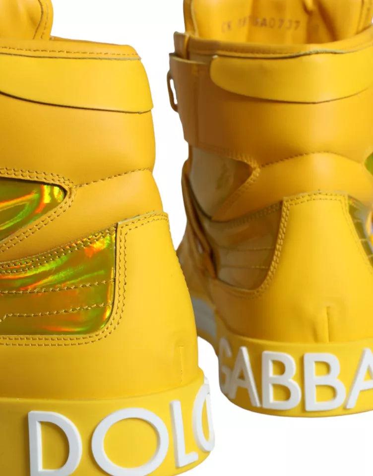 Dolce & Gabbana Yellow White Leather High Top Sneakers Shoes - Arichezz.store