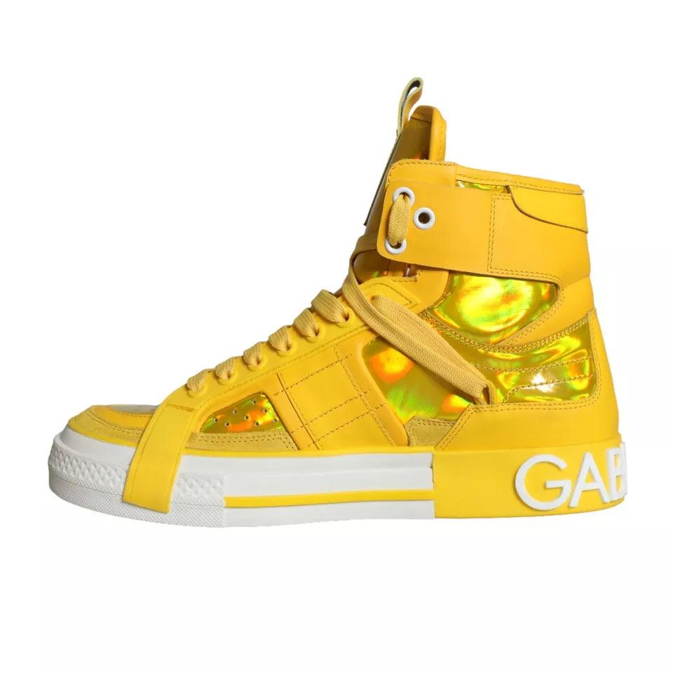 Dolce & Gabbana Yellow White Leather High Top Sneakers Shoes - Arichezz.store