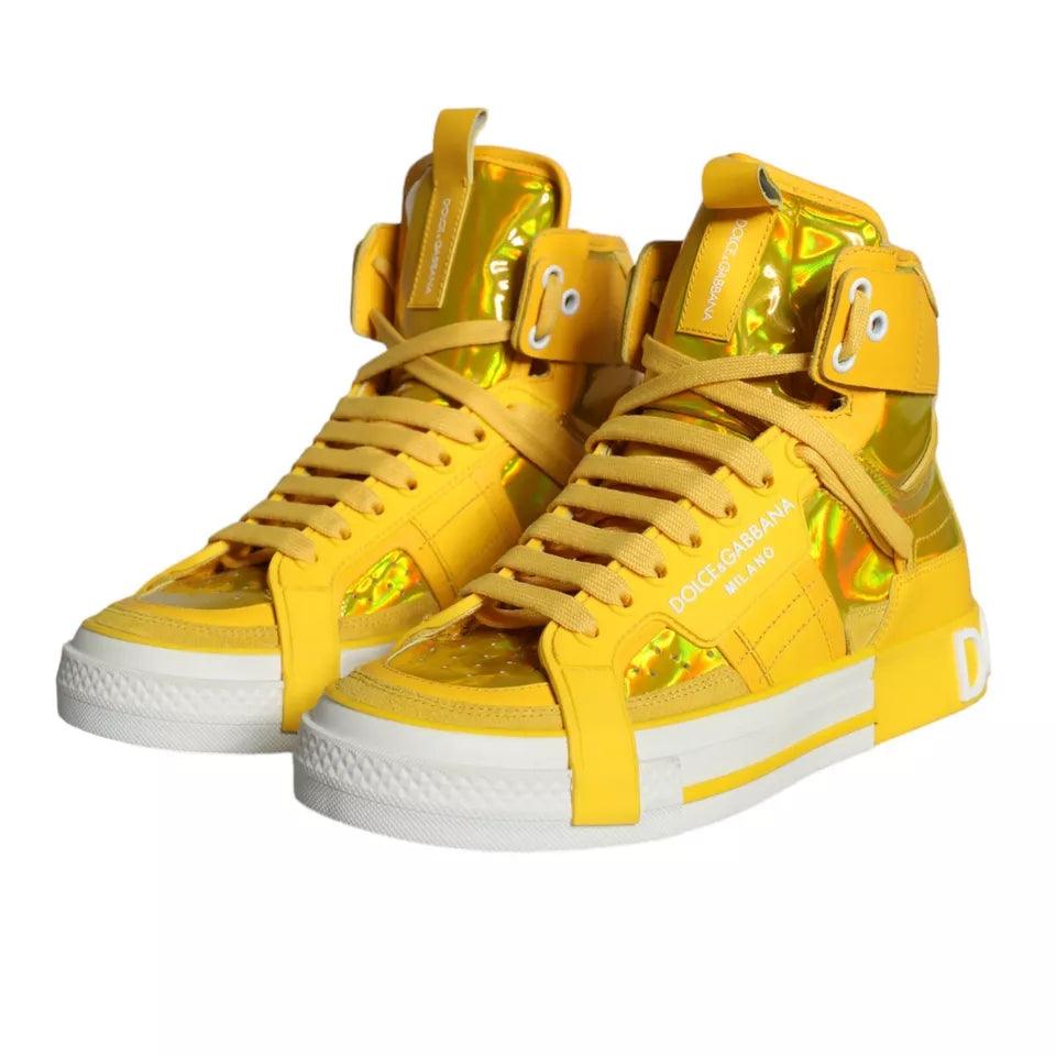 Dolce & Gabbana Yellow White Leather High Top Sneakers Shoes - Arichezz.store