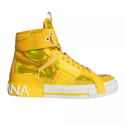 Dolce & Gabbana Yellow White Leather High Top Sneakers Shoes - Arichezz.store