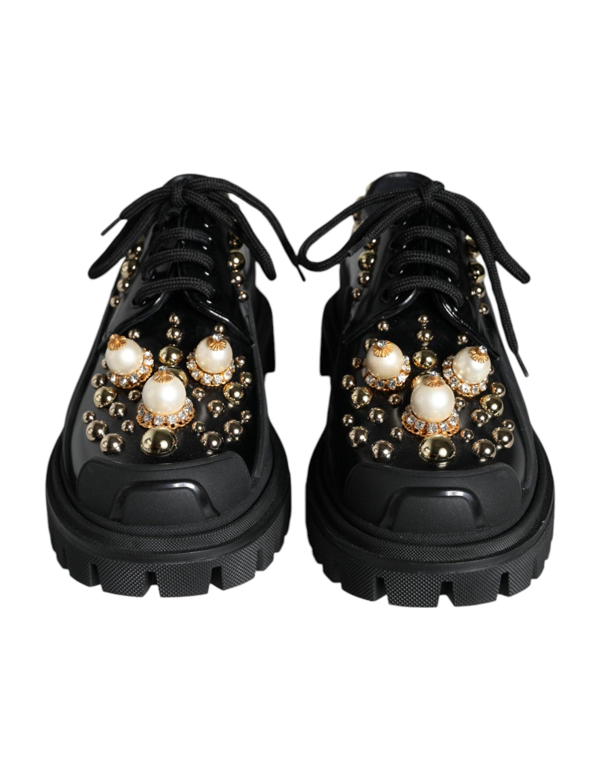 Dolce & Gabbana Black Leather Trekking Derby Embellished Shoes - Arichezz.store