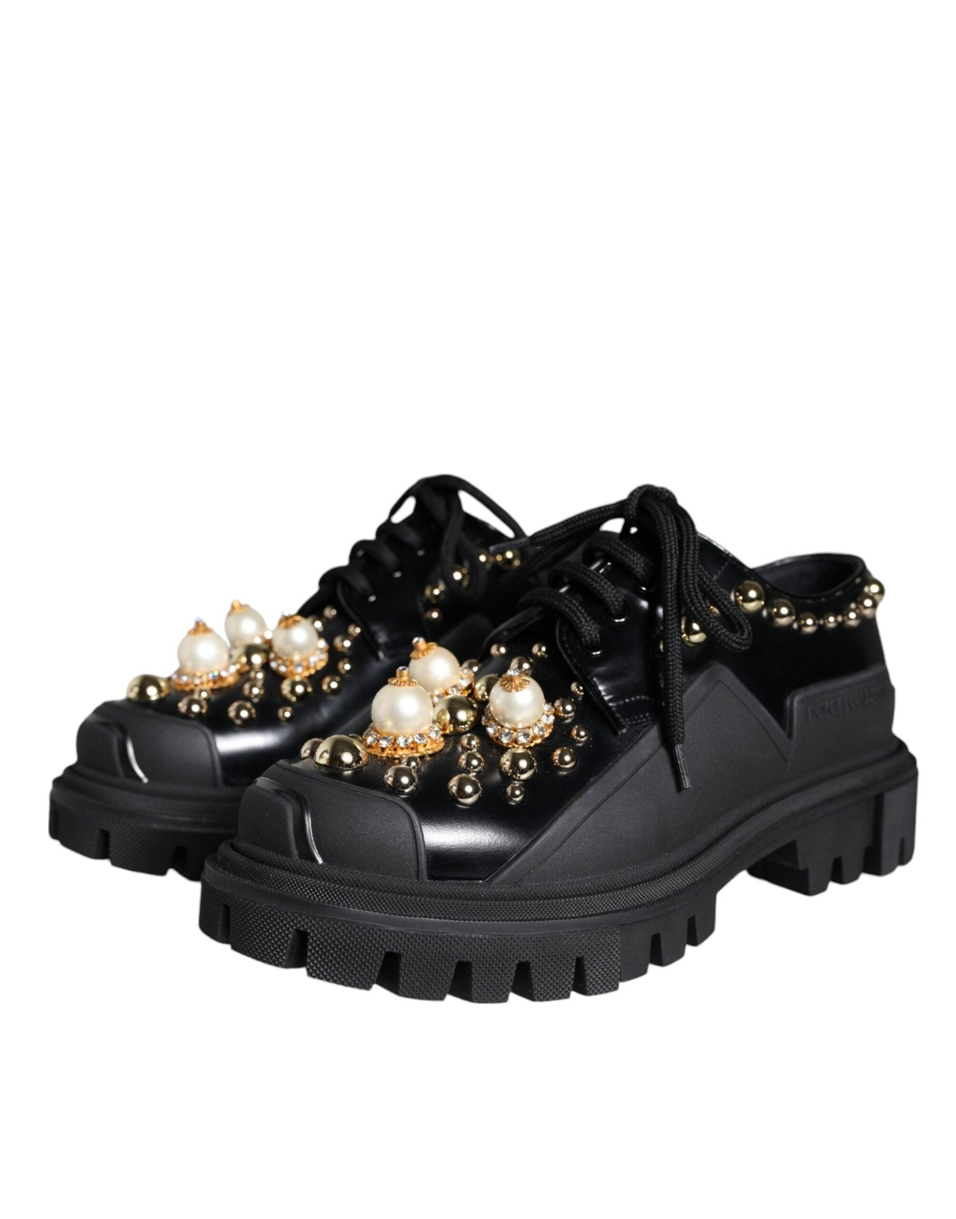 Dolce & Gabbana Black Leather Trekking Derby Embellished Shoes - Arichezz.store