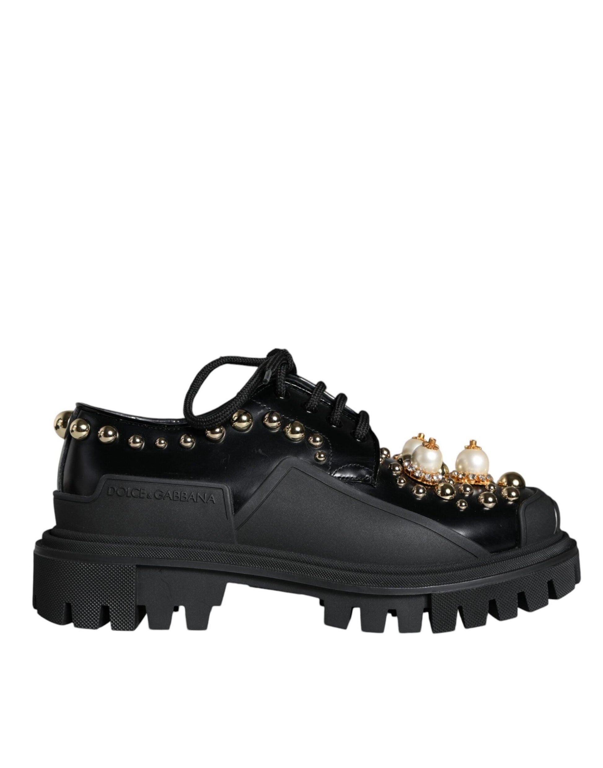 Dolce & Gabbana Black Leather Trekking Derby Embellished Shoes - Arichezz.store