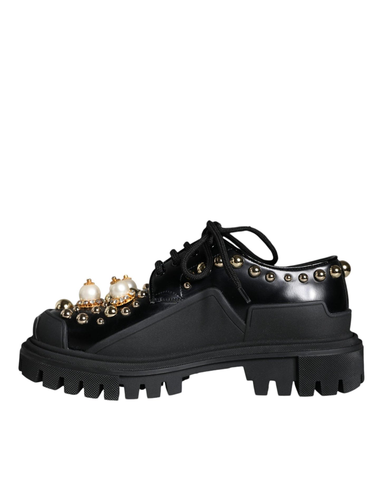 Dolce & Gabbana Black Leather Trekking Derby Embellished Shoes - Arichezz.store