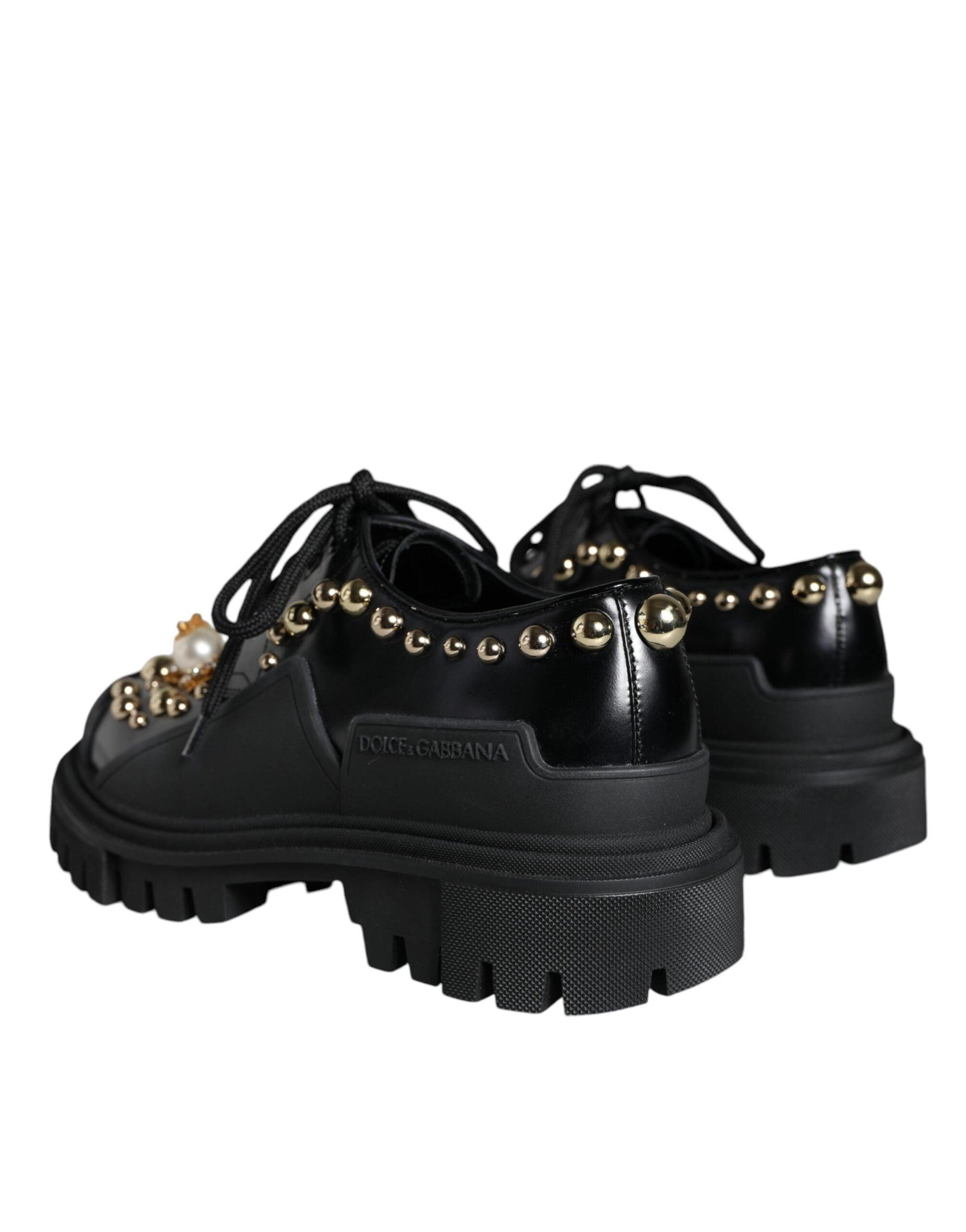 Dolce & Gabbana Black Leather Trekking Derby Embellished Shoes - Arichezz.store