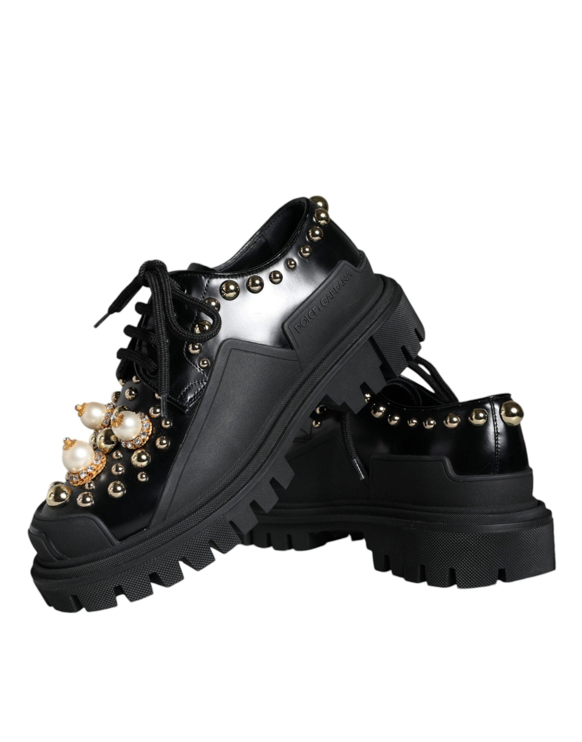 Dolce & Gabbana Black Leather Trekking Derby Embellished Shoes - Arichezz.store