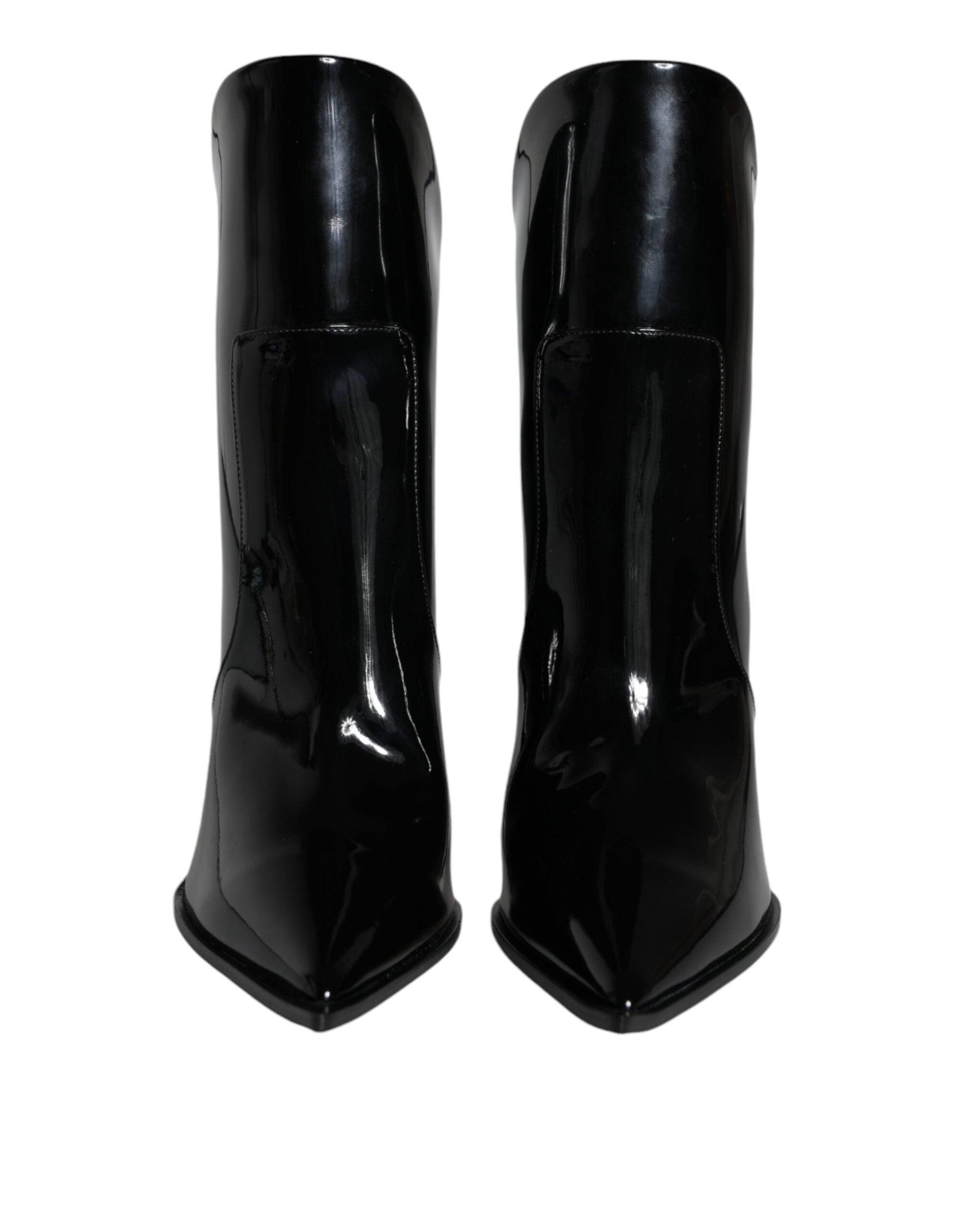 Dolce & Gabbana Black Patent Leather Pointed Ankle Boots Shoes - Arichezz.store