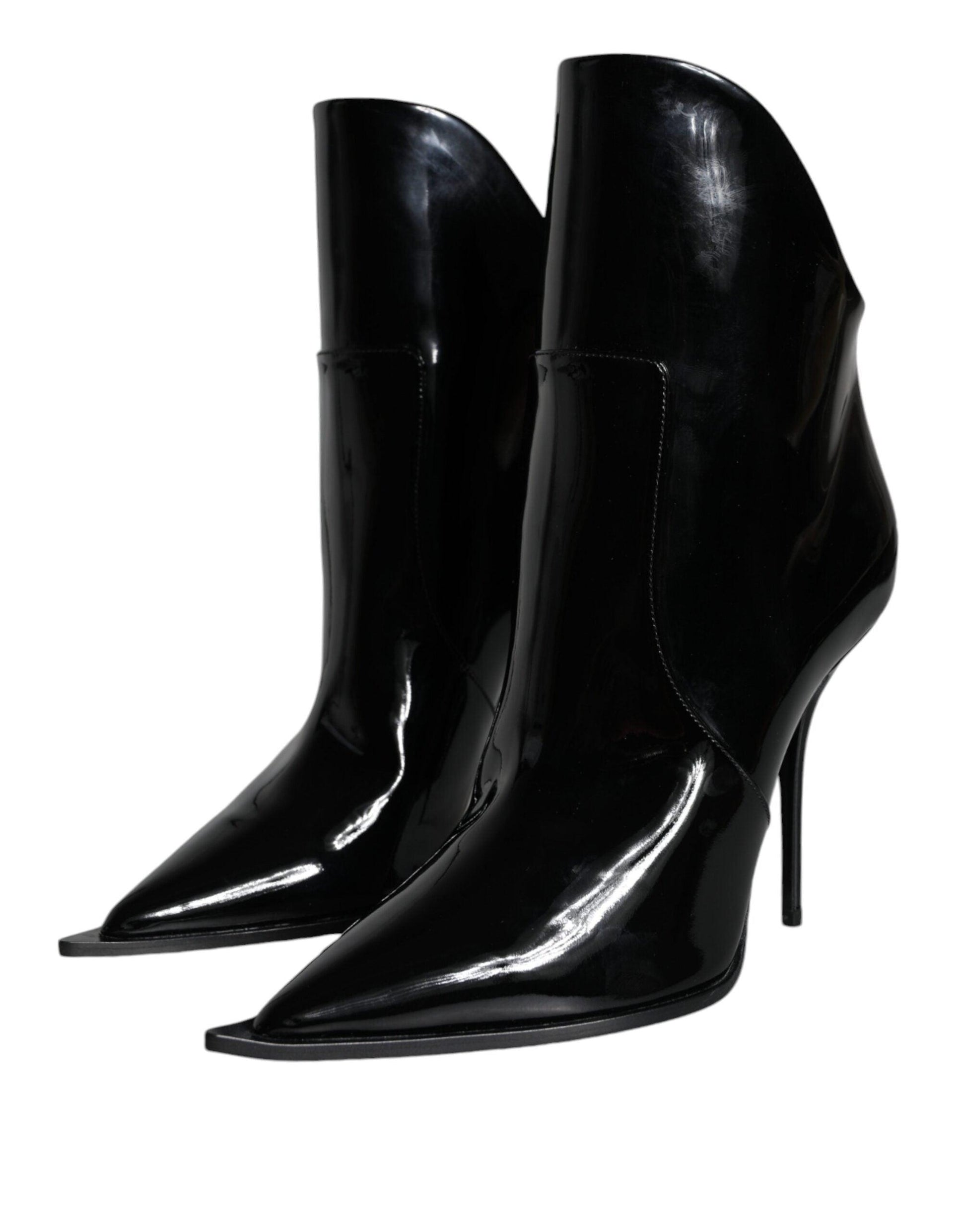 Dolce & Gabbana Black Patent Leather Pointed Ankle Boots Shoes - Arichezz.store