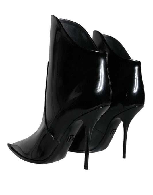 Dolce & Gabbana Black Patent Leather Pointed Ankle Boots Shoes - Arichezz.store