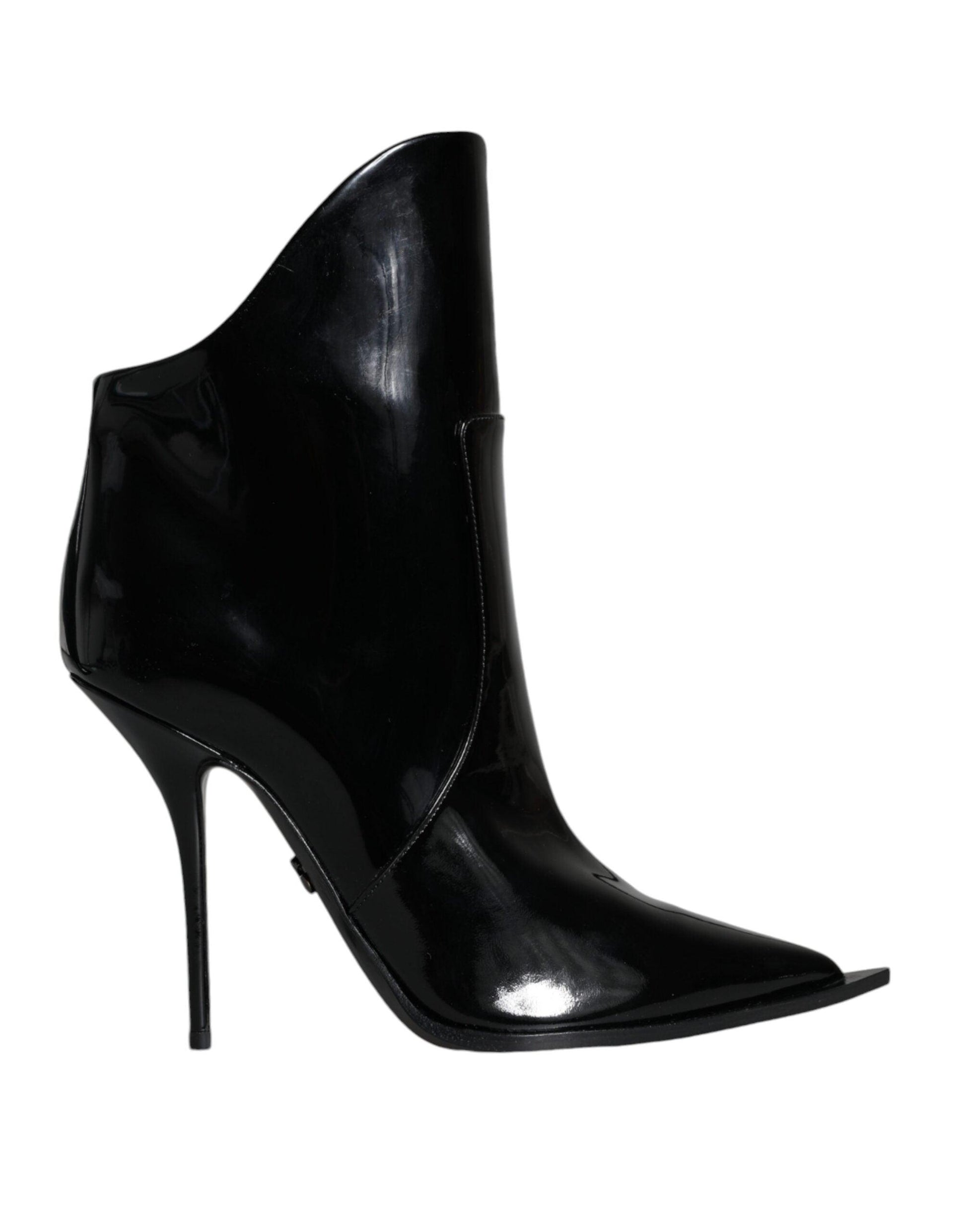 Dolce & Gabbana Black Patent Leather Pointed Ankle Boots Shoes - Arichezz.store