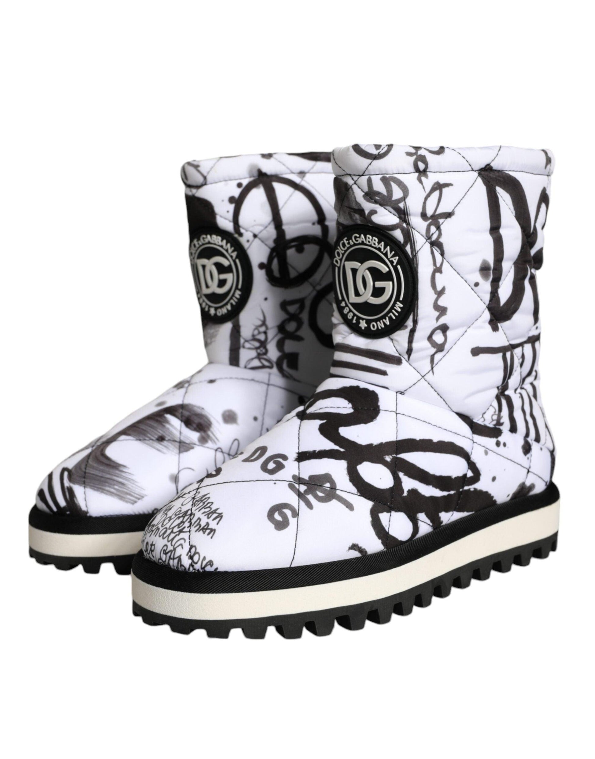 Dolce & Gabbana White Padded Logo Print Mid Calf Boots Shoes - Arichezz.store