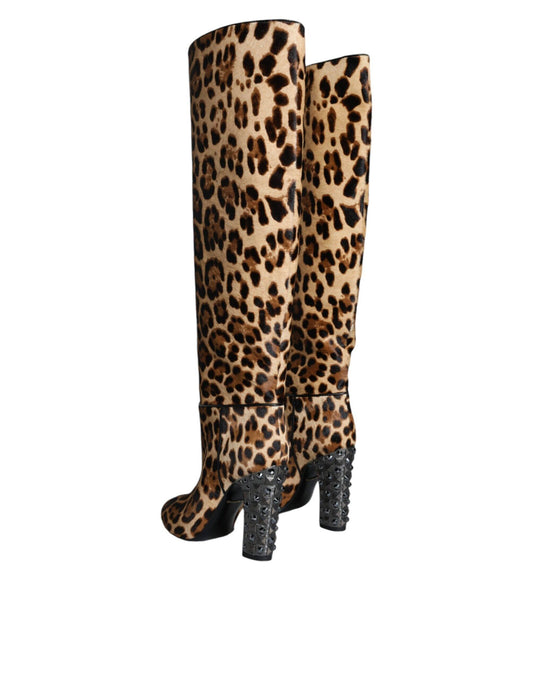 Dolce & Gabbana Beige Black Leopard Knee High Boots Shoes - Arichezz.store