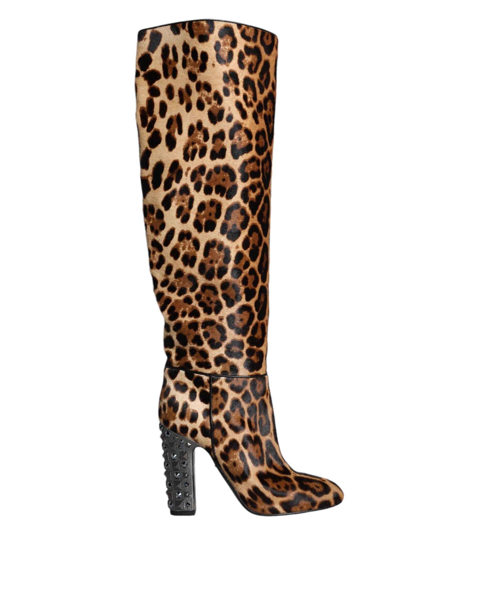 Dolce & Gabbana Beige Black Leopard Knee High Boots Shoes - Arichezz.store