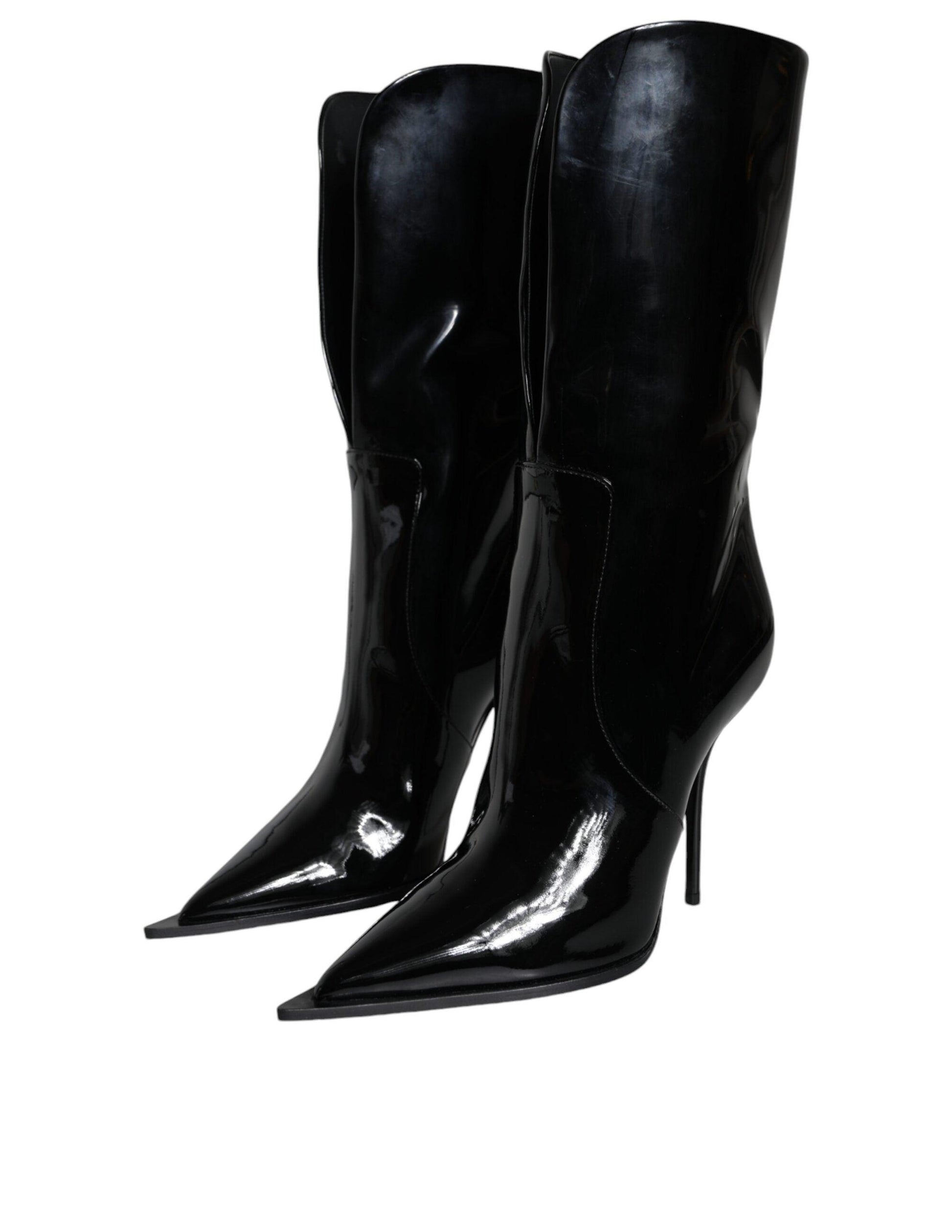 Dolce & Gabbana Black Patent Leather Mid Calf Boots Shoes - Arichezz.store