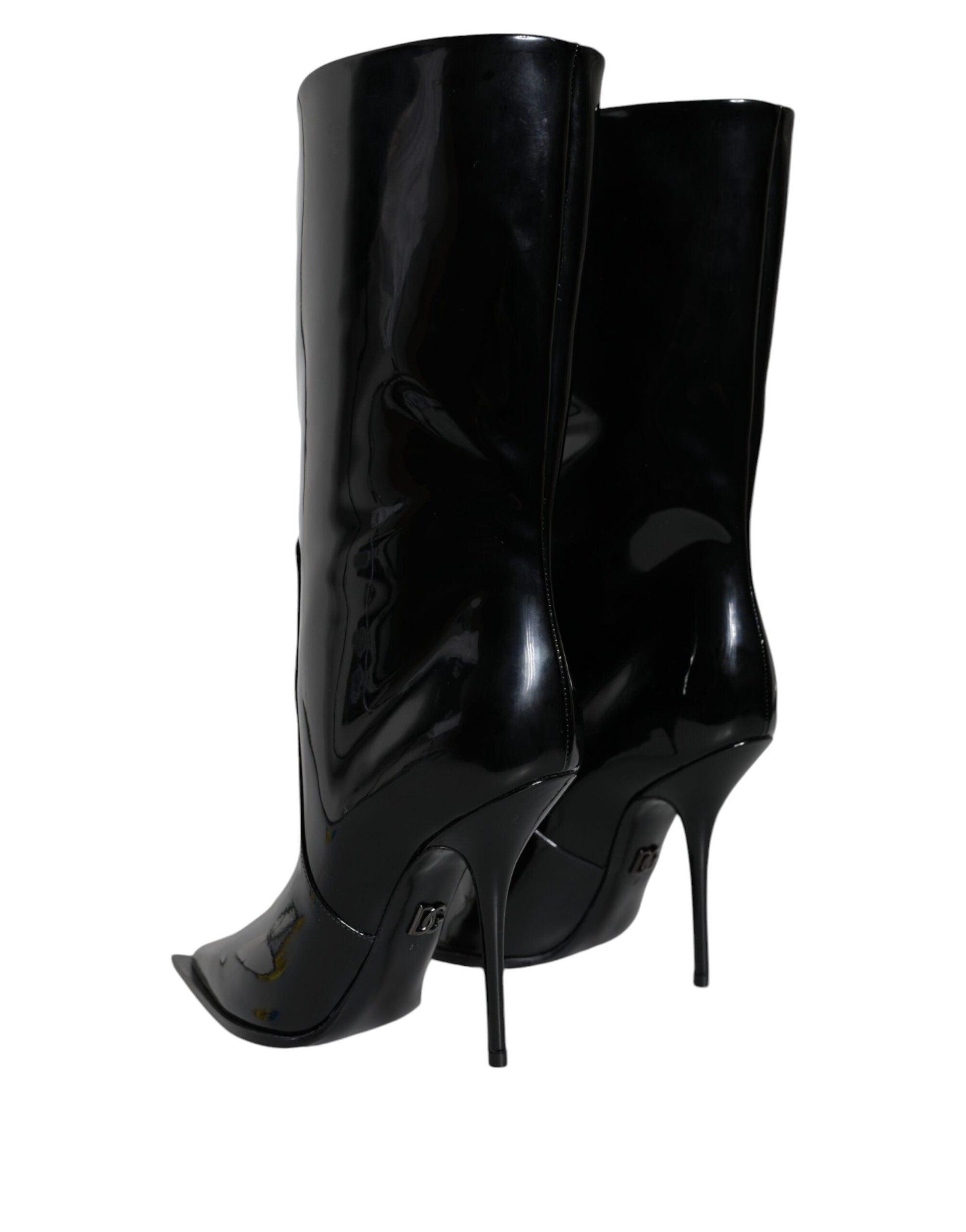 Dolce & Gabbana Black Patent Leather Mid Calf Boots Shoes - Arichezz.store