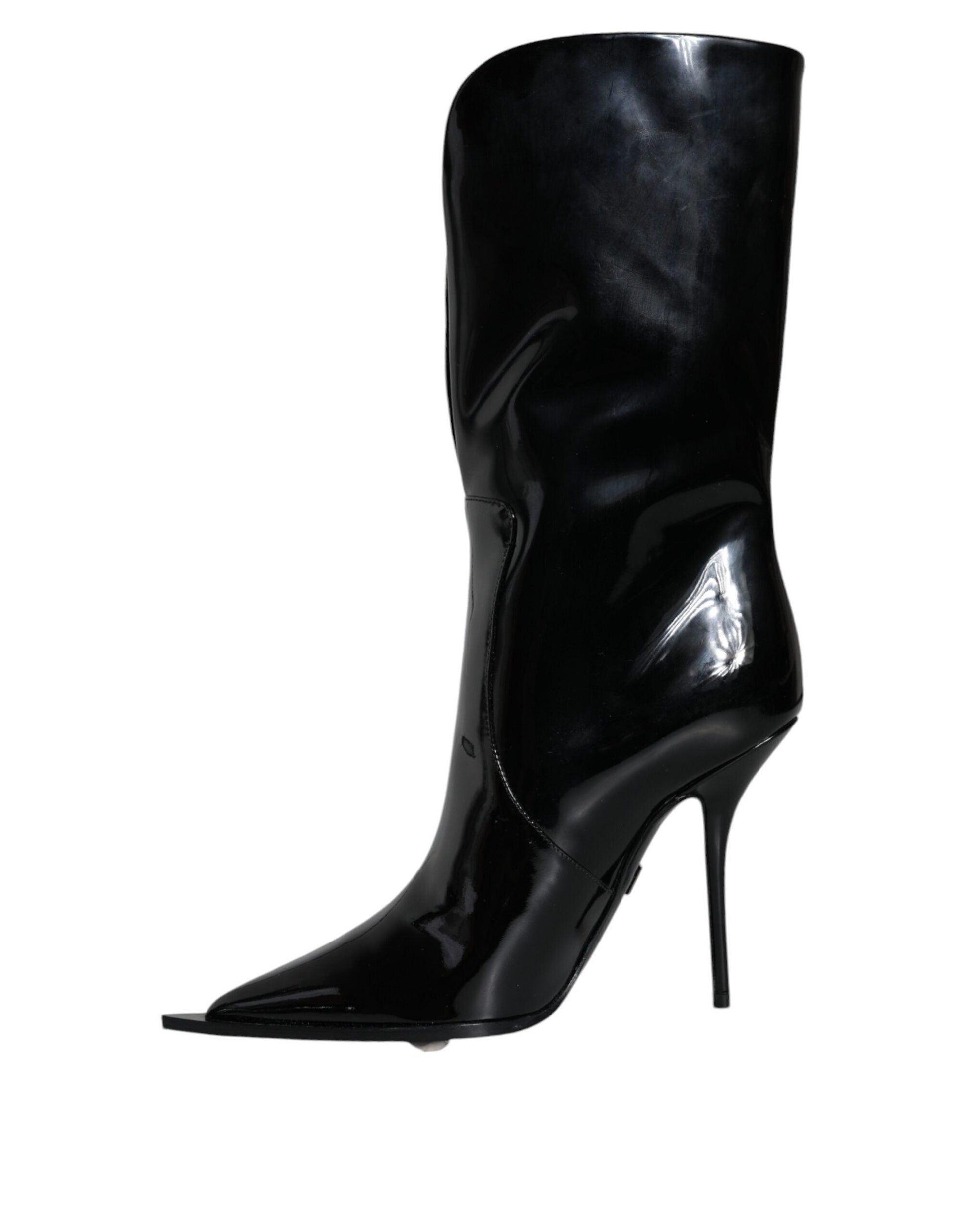 Dolce & Gabbana Black Patent Leather Mid Calf Boots Shoes - Arichezz.store