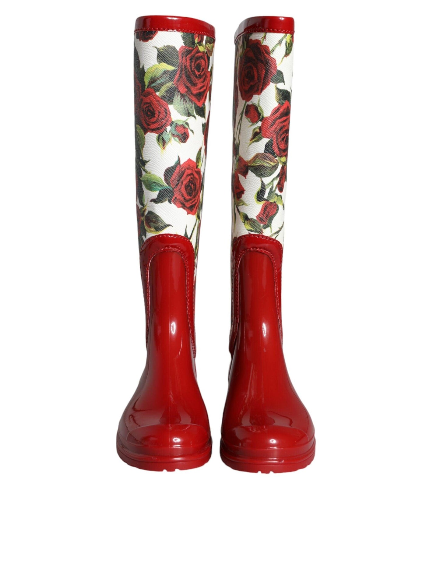 Dolce & Gabbana Red Floral Rubber Knee High Flat Boots Shoes - Arichezz.store