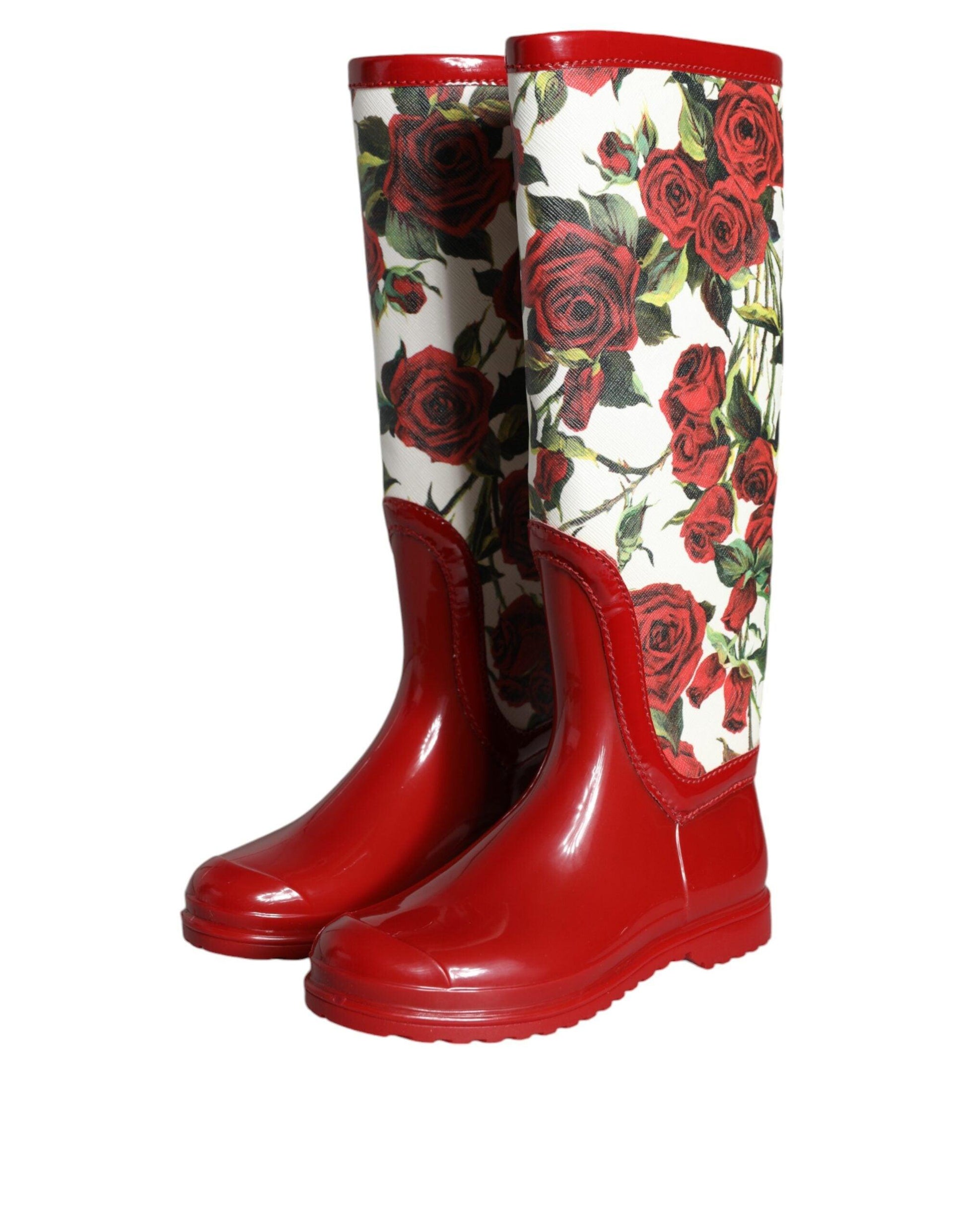 Dolce & Gabbana Red Floral Rubber Knee High Flat Boots Shoes - Arichezz.store