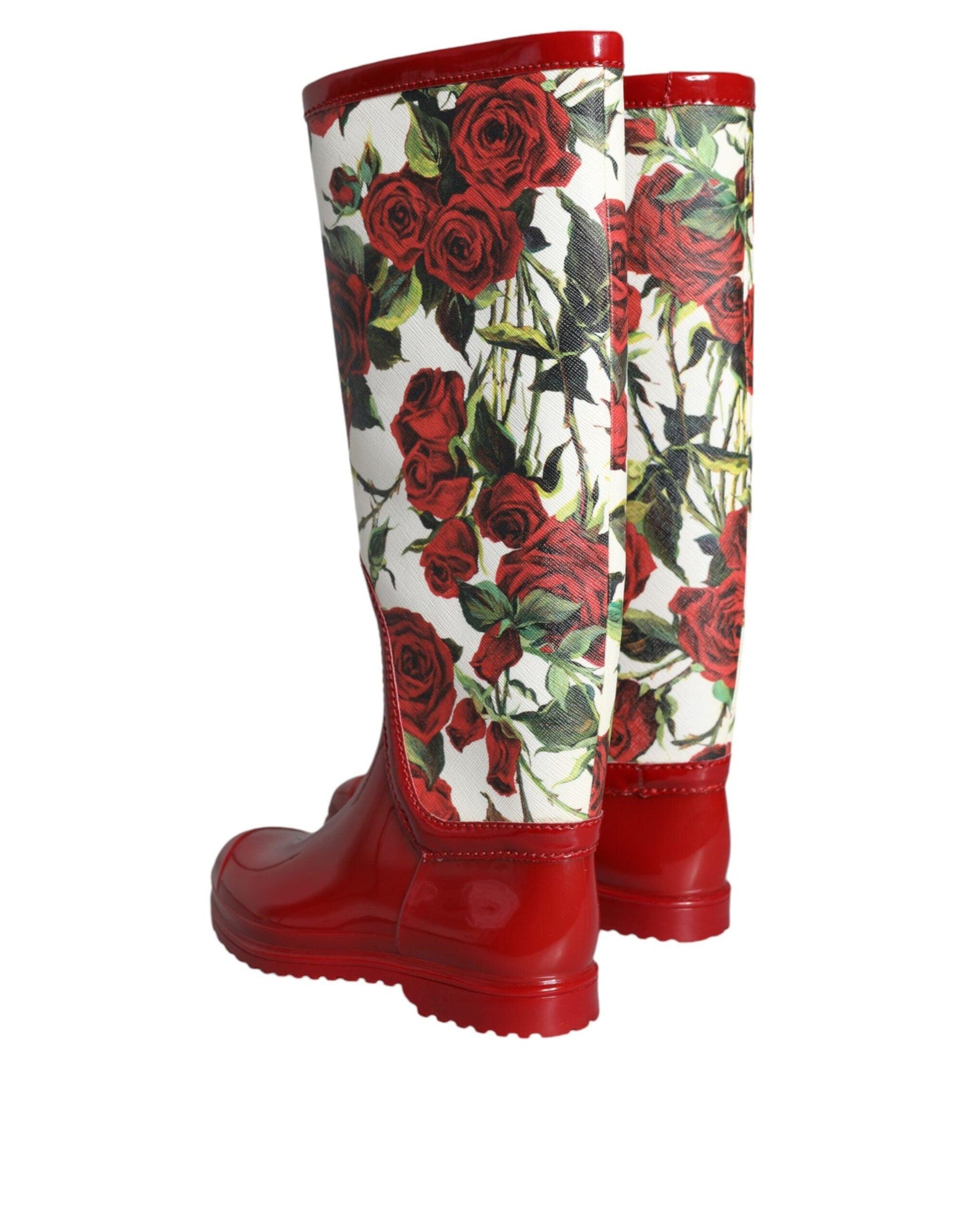 Dolce & Gabbana Red Floral Rubber Knee High Flat Boots Shoes - Arichezz.store