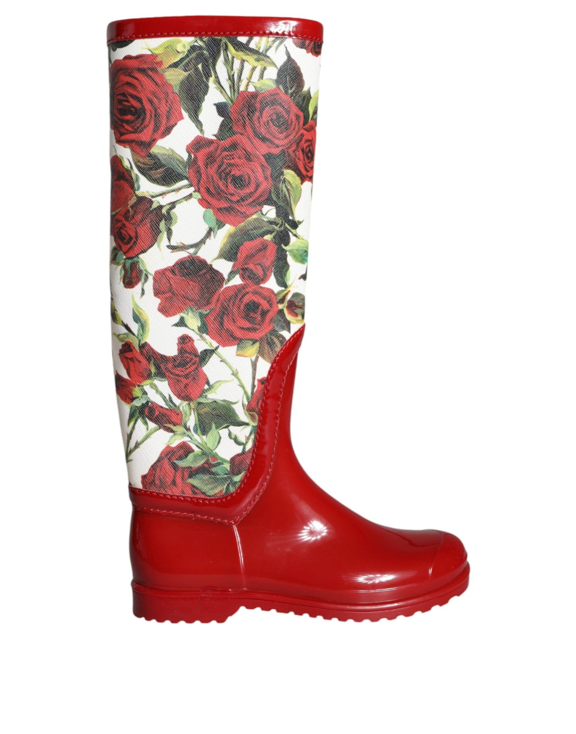 Dolce & Gabbana Red Floral Rubber Knee High Flat Boots Shoes - Arichezz.store