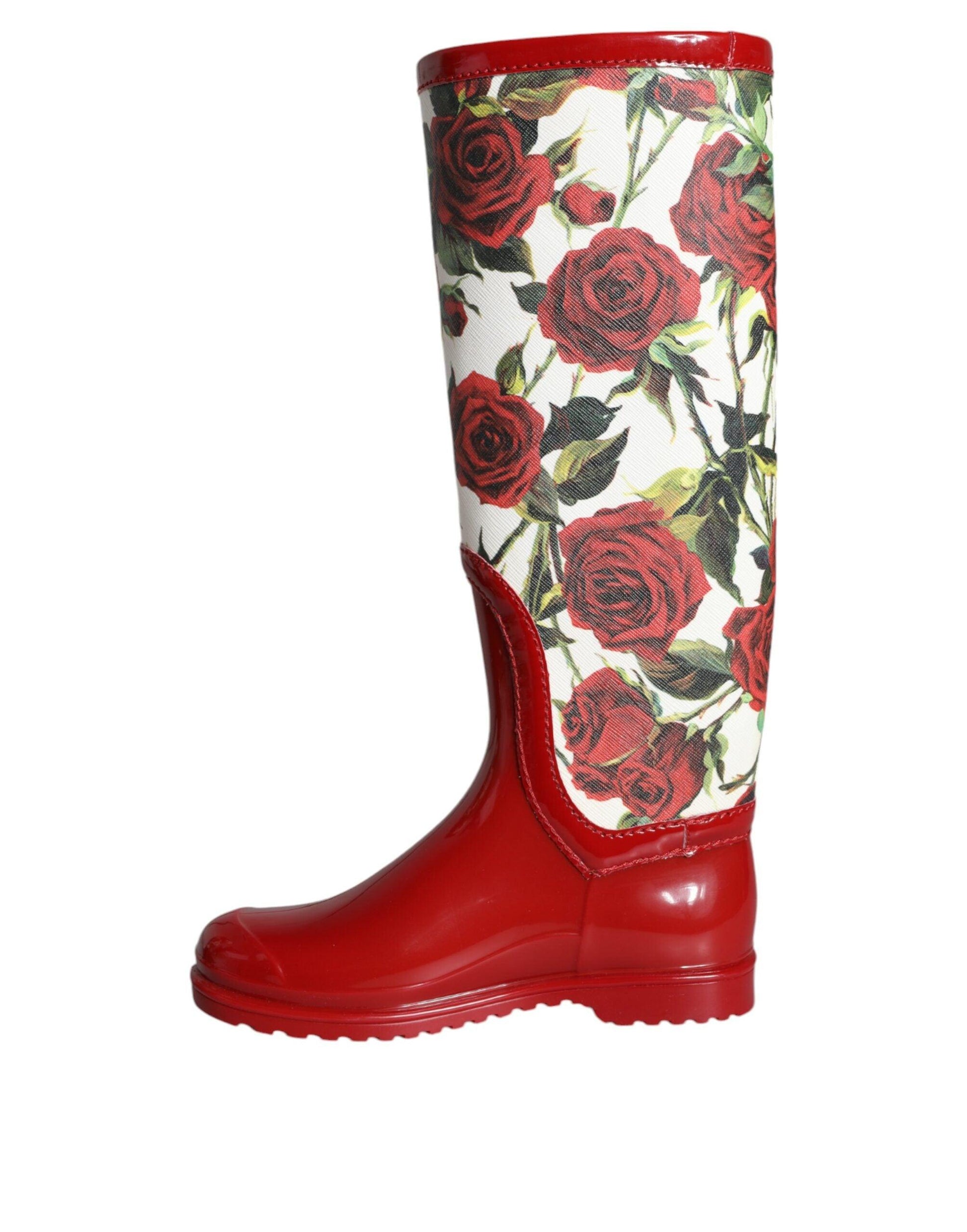 Dolce & Gabbana Red Floral Rubber Knee High Flat Boots Shoes - Arichezz.store