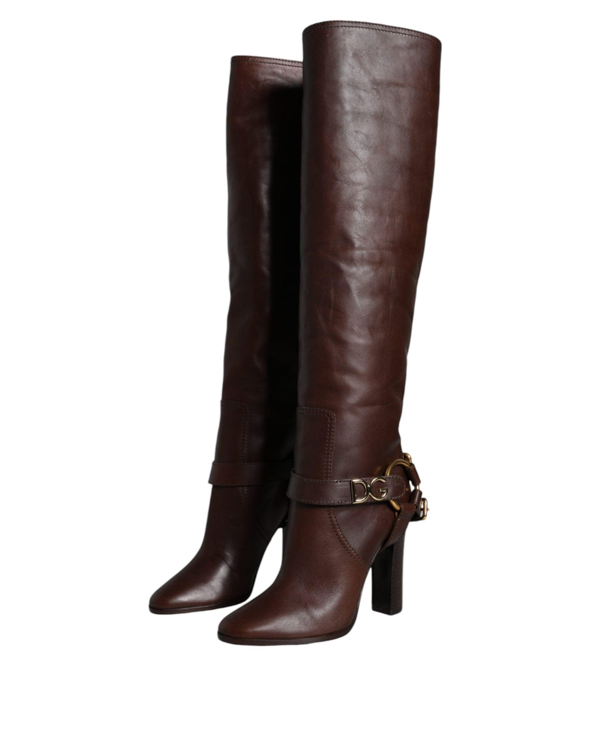 Dolce & Gabbana Brown Leather Gold Tone Logo High Boots Shoes - Arichezz.store