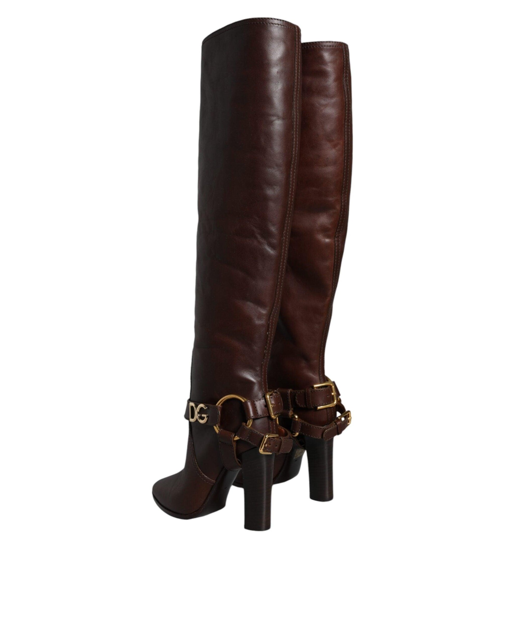 Dolce & Gabbana Brown Leather Gold Tone Logo High Boots Shoes - Arichezz.store