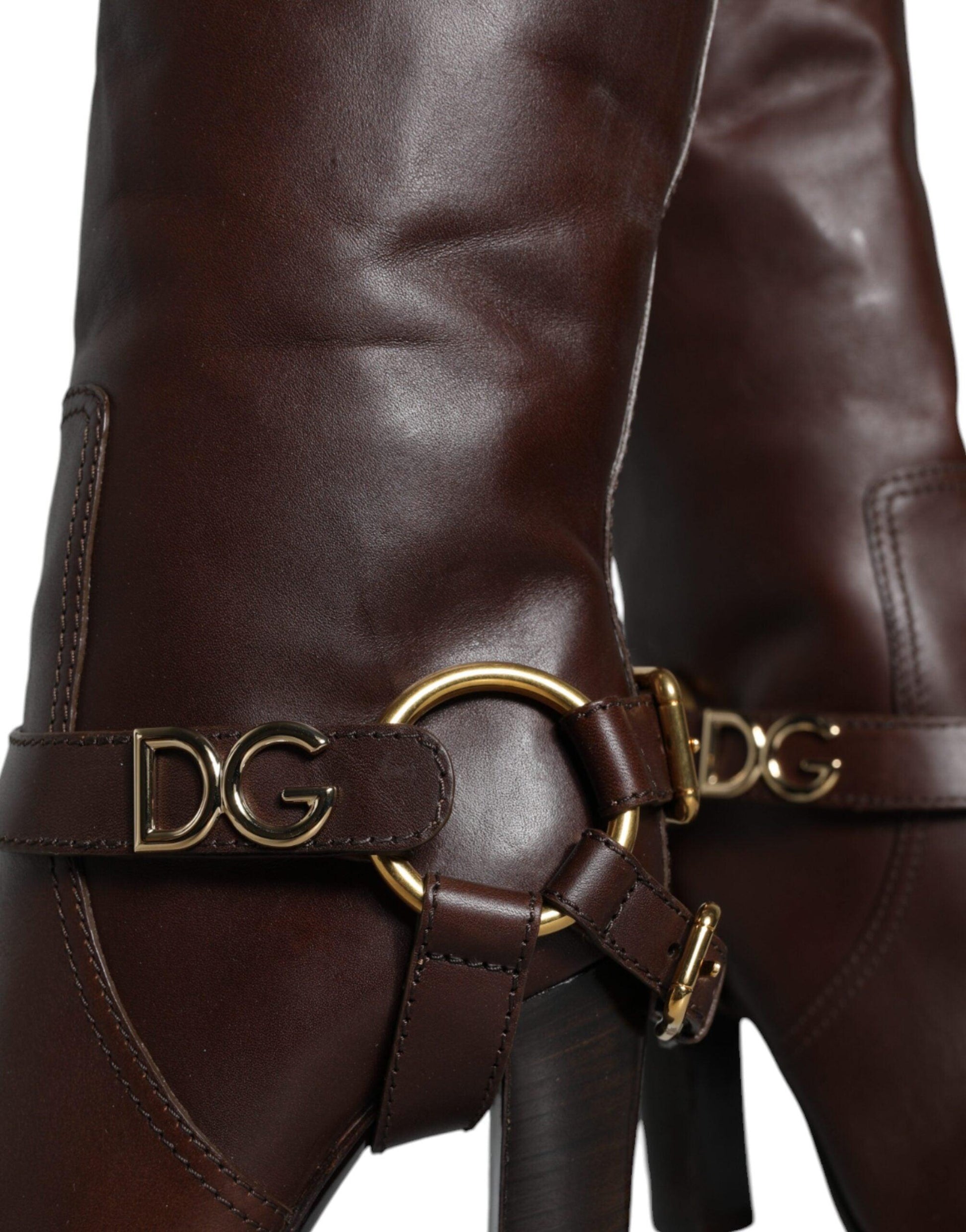 Dolce & Gabbana Brown Leather Gold Tone Logo High Boots Shoes - Arichezz.store