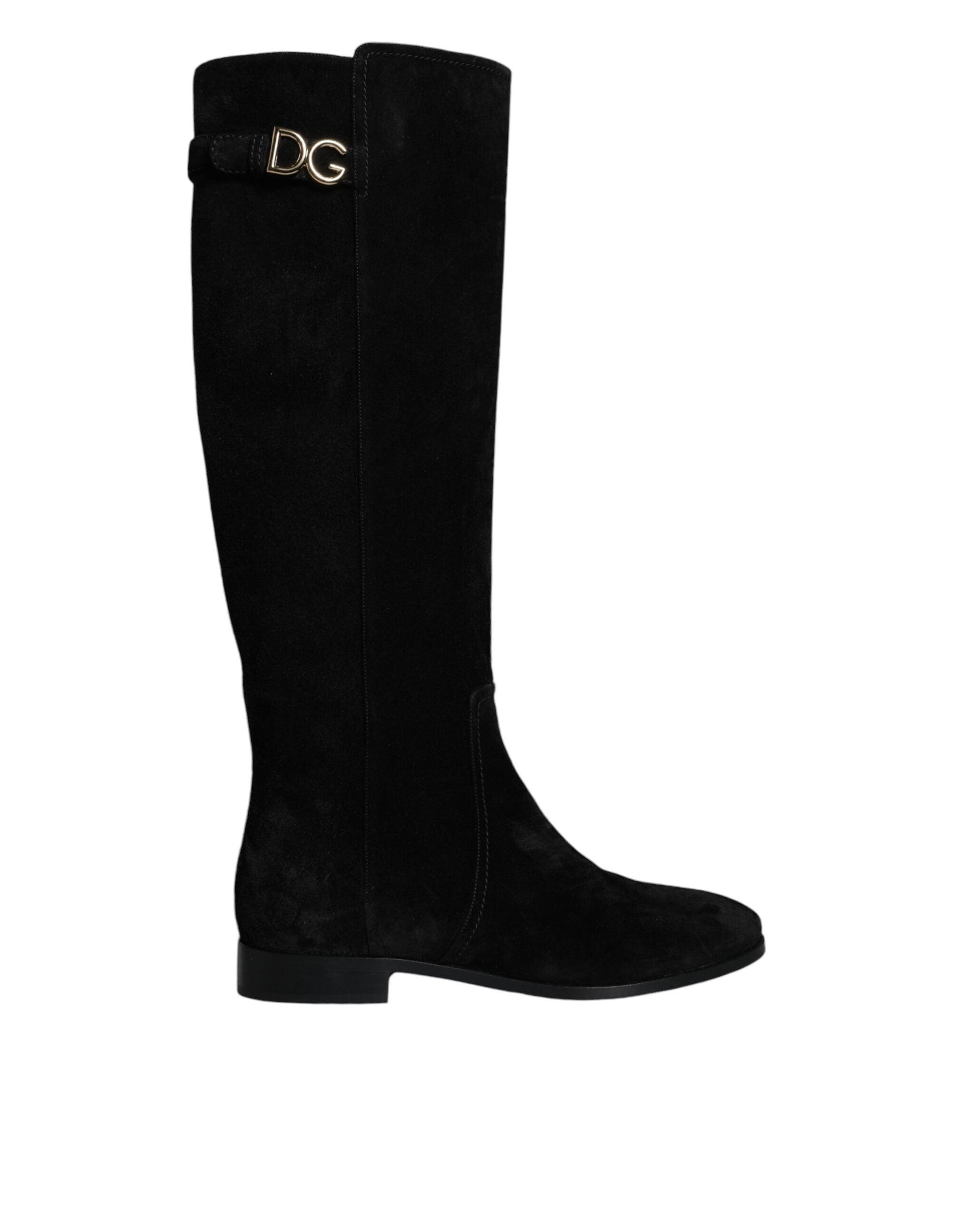 Dolce & Gabbana Black Suede Leather Knee High Boots Shoes - Arichezz.store