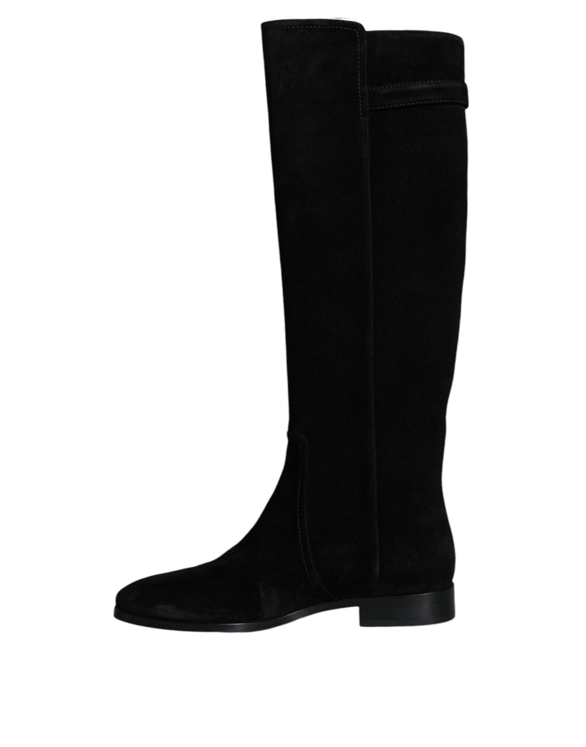 Dolce & Gabbana Black Suede Leather Knee High Boots Shoes - Arichezz.store