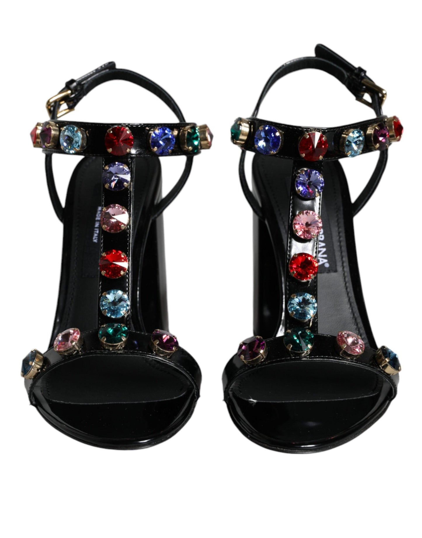 Dolce & Gabbana Black Crystal Leather T-strap Sandals Shoes - Arichezz.store