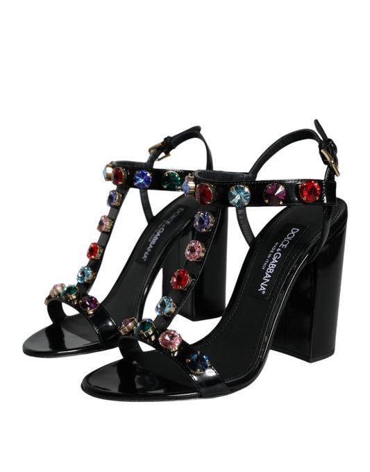 Dolce & Gabbana Black Crystal Leather T-strap Sandals Shoes - Arichezz.store