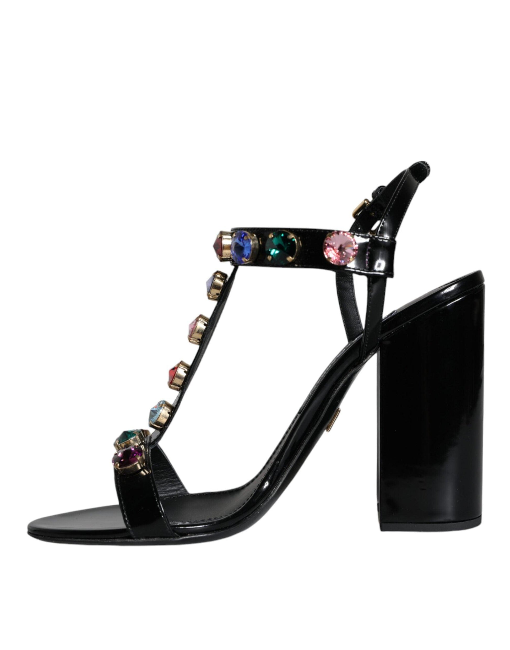 Dolce & Gabbana Black Crystal Leather T-strap Sandals Shoes - Arichezz.store