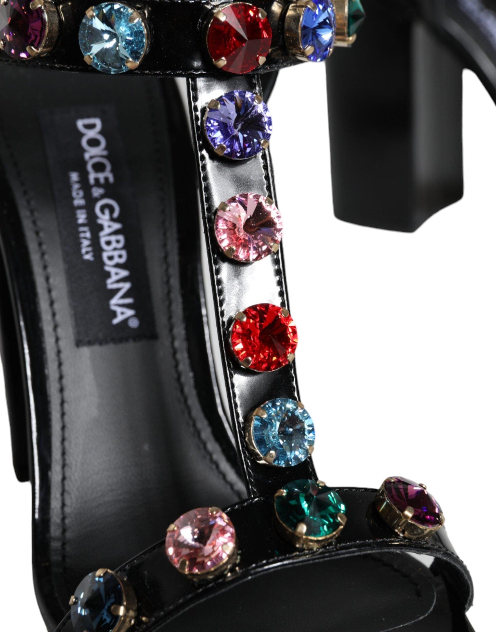 Dolce & Gabbana Black Crystal Leather T-strap Sandals Shoes - Arichezz.store