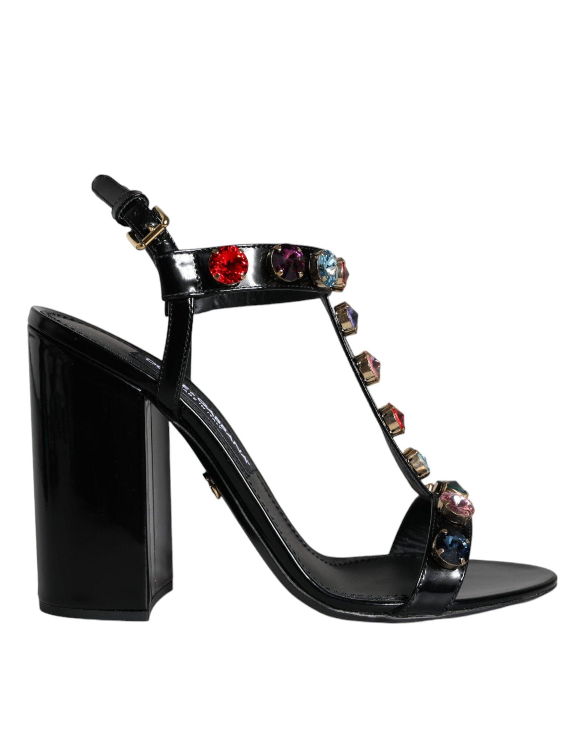 Dolce & Gabbana Black Crystal Leather T-strap Sandals Shoes - Arichezz.store