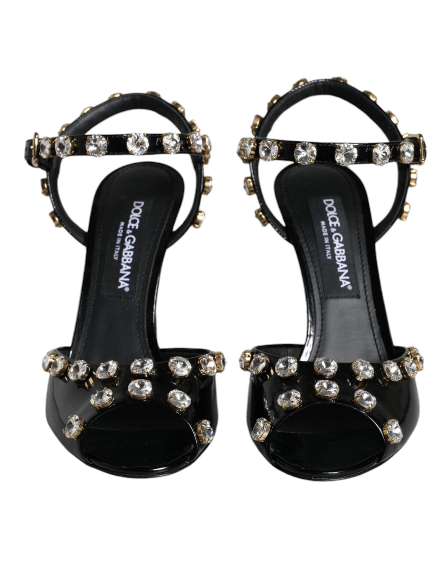 Dolce & Gabbana Black Leather Crystal Ankle Strap Sandals Shoes - Arichezz.store