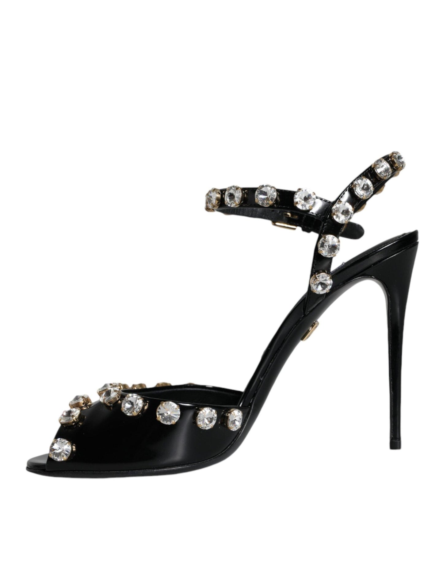 Dolce & Gabbana Black Leather Crystal Ankle Strap Sandals Shoes - Arichezz.store