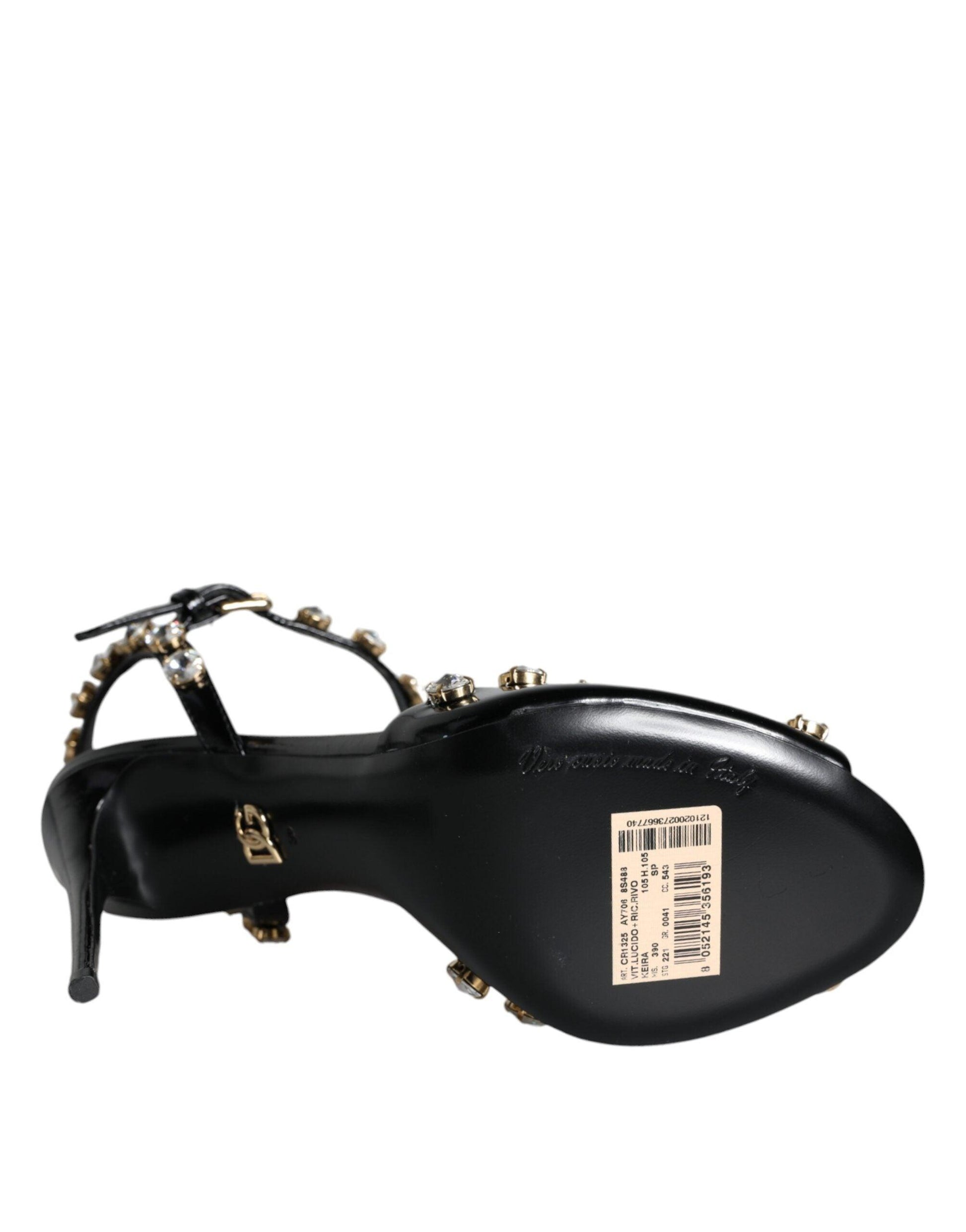 Dolce & Gabbana Black Leather Crystal Ankle Strap Sandals Shoes - Arichezz.store