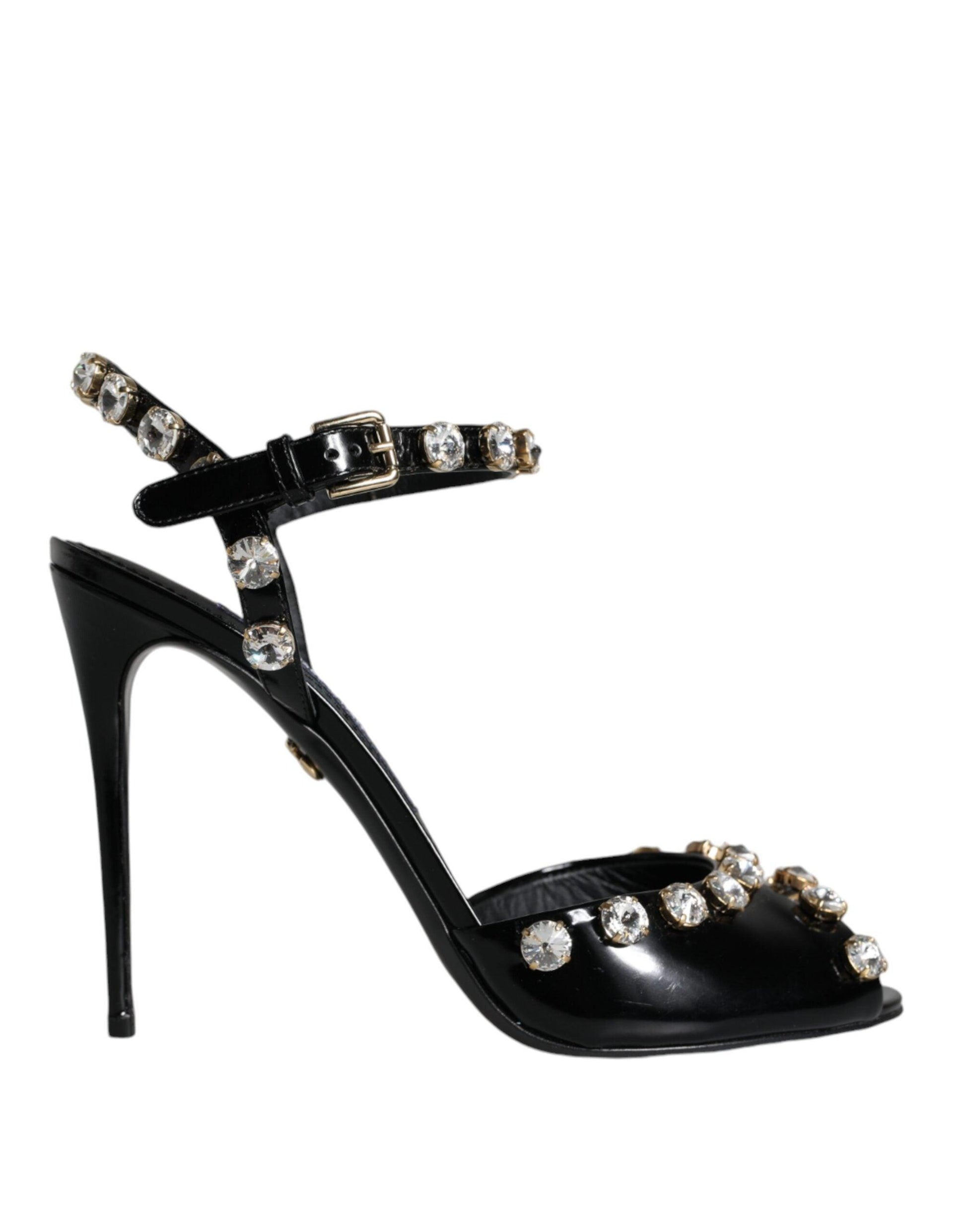 Dolce & Gabbana Black Leather Crystal Ankle Strap Sandals Shoes - Arichezz.store