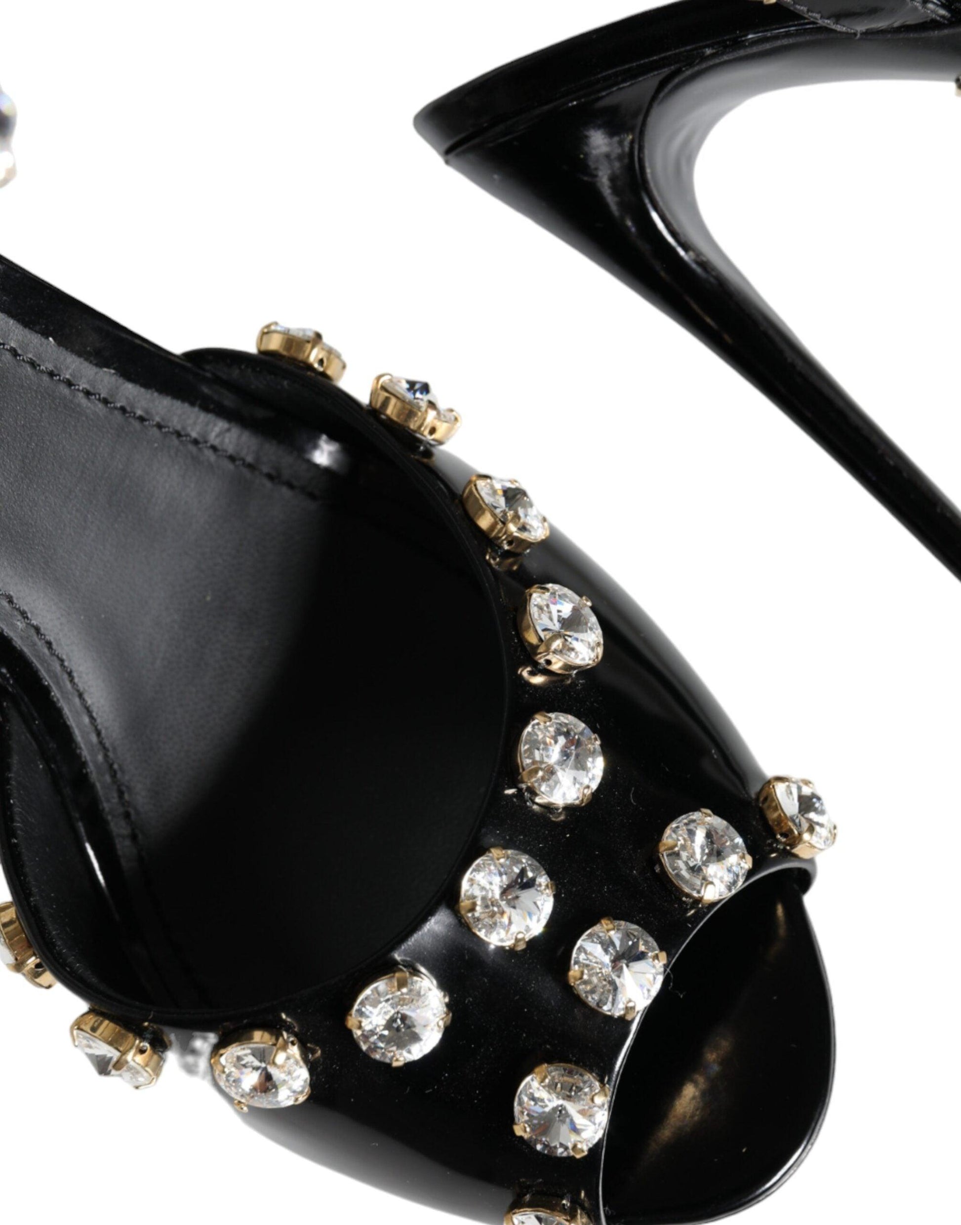 Dolce & Gabbana Black Leather Crystal Ankle Strap Sandals Shoes - Arichezz.store