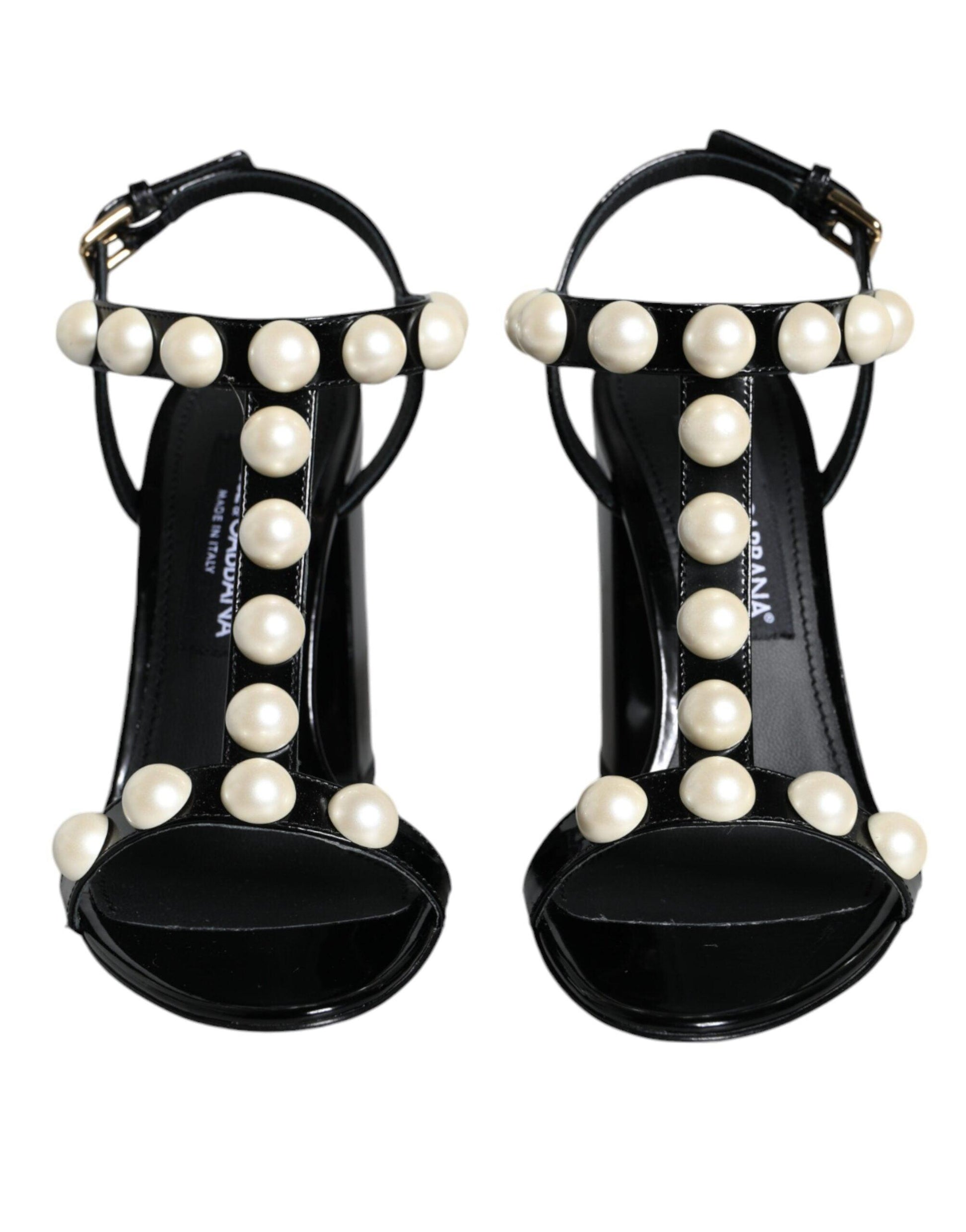 Dolce & Gabbana Black Leather Pearls T-strap Sandals Shoes - Arichezz.store