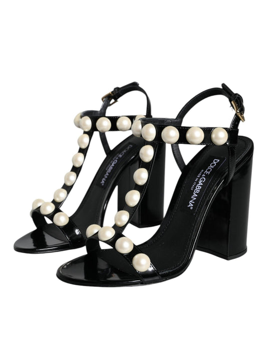 Dolce & Gabbana Black Leather Pearls T-strap Sandals Shoes - Arichezz.store